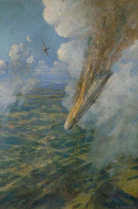 WW1: Artist Frederick Gordon Crosby's impression of the destruction of German Zeppelin LZ 37 by Sub-Lieutenant Reginald ("Rex") Warneford on 7 June.