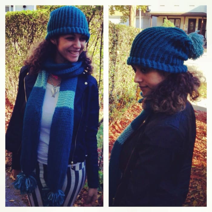 My first loom knit project was this scarf and hat I made on a circle loom. The scarf is extra thick, warm, and nice and soft! I love it!