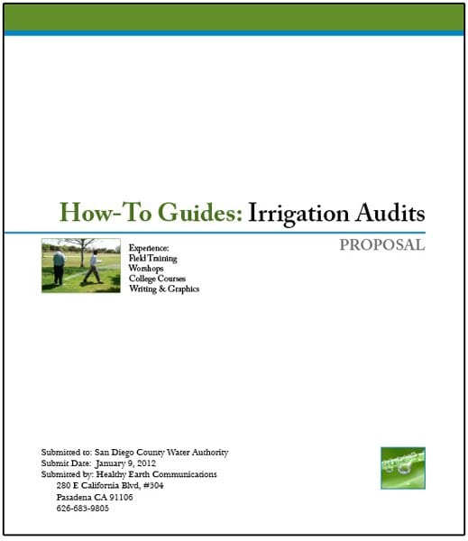 Cover page designed for a (not real) proposal - to prepare an instruction manual on how to conduct irrigation system audits. Note how well the photo illustrates the project, yet doesn't dominate.