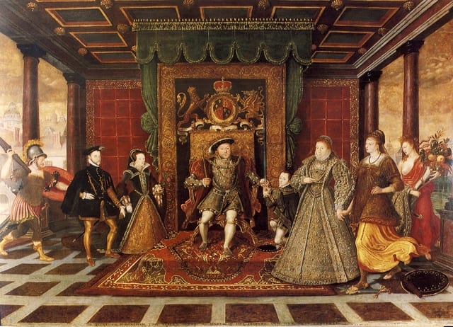 The Family of Henry VIII: An Allegory of the Tudor Succession. National Museum Cardiff. The painting shows Henry VIII (seated) with his heirs Edward VI, Mary, and Elizabeth.
