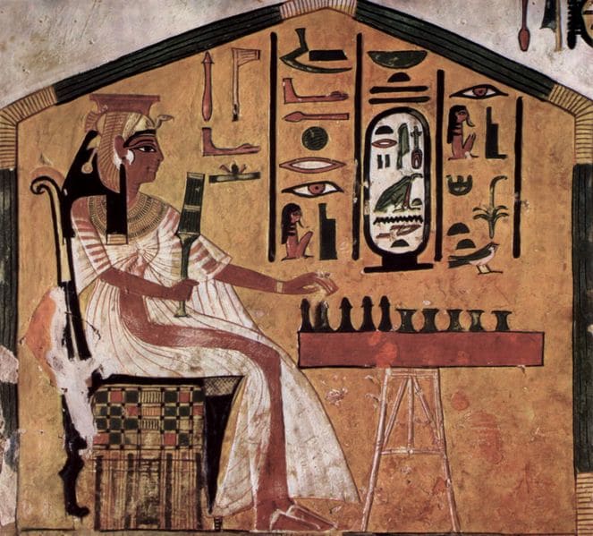 Scene from Queen Nefertari’s tomb, depicting her playing the game of Senet, circa 1298 to 1235 BCE. Source: The Yorck Project.