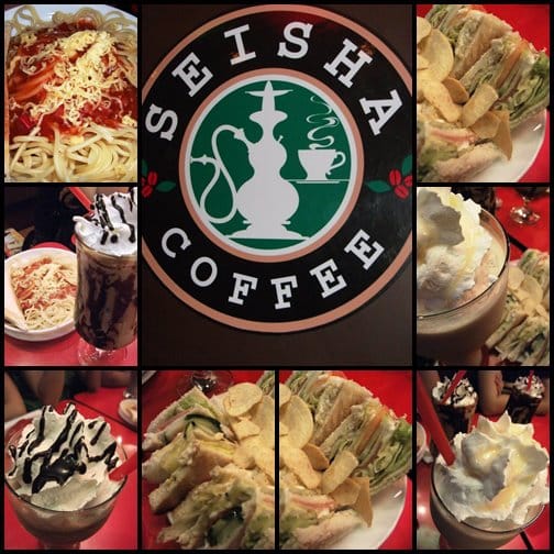 In this picture: (from left) spaghetti, clubhouse sandwich with chips, black forest coffee jelly, and white chocolate mocha frappuccino.
