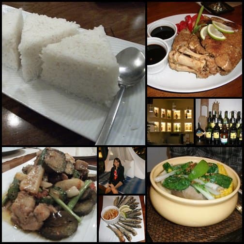 A samplings of The T House's offerings: Clockwise from left: (Triangular) rice, crispy pata, beef shank bulalo, fried tawilis, and pinakbet.