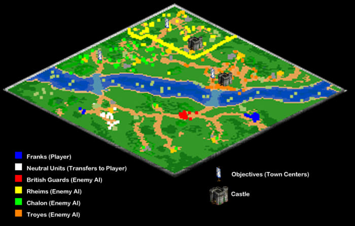 A view of what the map looks like at the beginning of the mission. All enemy forces expand to an extent, except red. Also, yellow builds a second castle, generally near the first, by the time you can reach them.