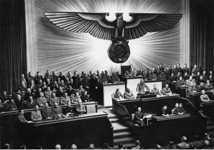 Hitler gives a speech at the Kroll Opera House