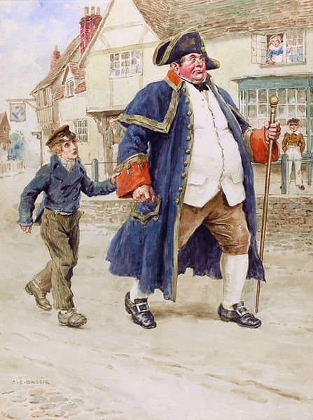 A beautiful illustration by Charles Edmund Brock, depicting the famous scene from Charles Dickens' 'Oliver Twist' when Mr Bumble sells the young orphan into labor.