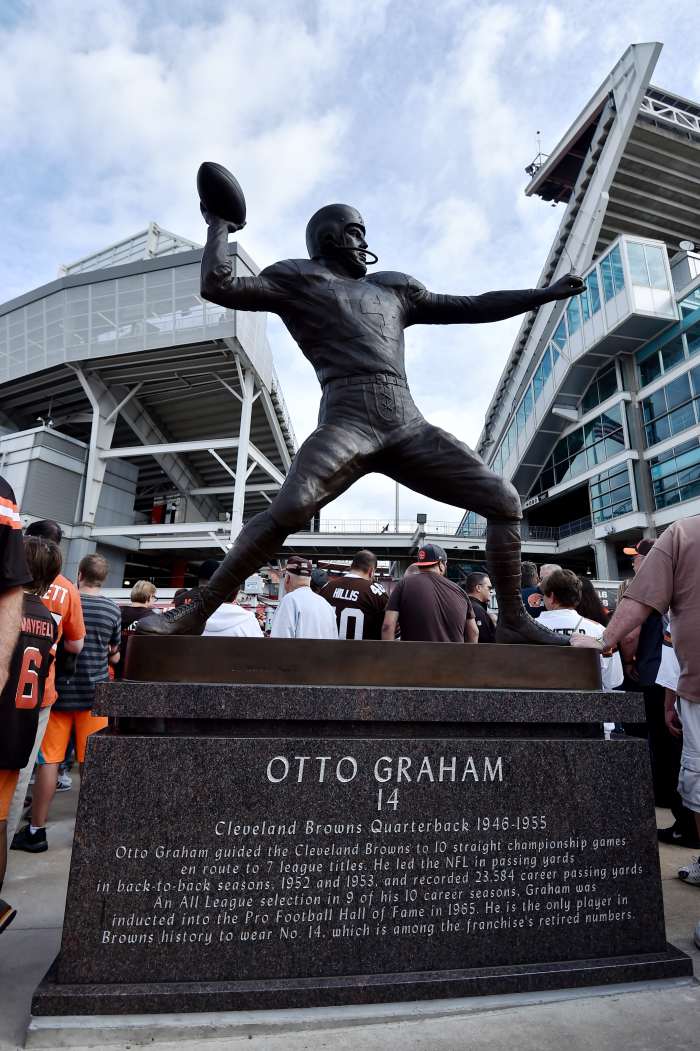 Sep 8, 2019; Cleveland, OH, USA; A general view of the newly erected statue of former Cleveland Browns quarterback Otto Graham outside of FirstEnergy Stadium.