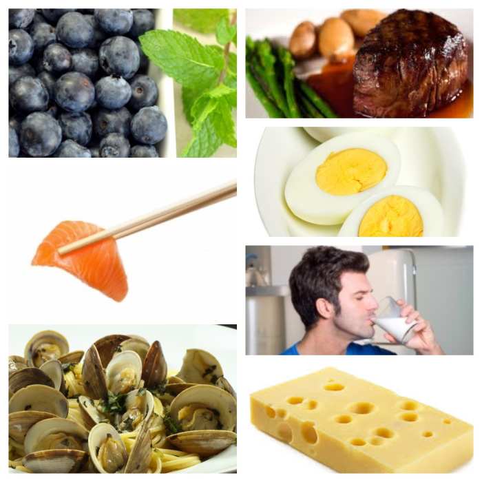 Salmon, clams, beef, eggs and dairy are sources of Vitamin B12. Clams and swiss cheese are exceptional in their natural supply of Vitamin B12.