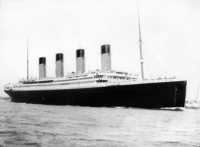 RMS Titanic departing from Southampton, England. She would later call at Cherbourg in France and Queenstown, Ireland (now known as Cork or Cobh), before heading out across the Atlantic towards New York.