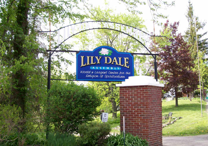 The gate at the entrance to Lily Dale Assembly, NY, the oldest Spiritualist community in the US