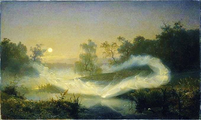 Elves dancing over a lagoon at dusk. The Norse concept of Elves was often as Nature Wights, or protective nature spirits.