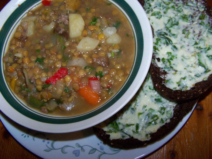 Here's a picture of my Mabon dinner: autumn soup and pumpernickel bread with homemade herbal butter.