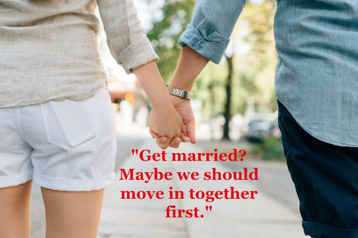 Couples ponder moving in together before marriage as a way to ensure that they will get along well and coexist successfully.