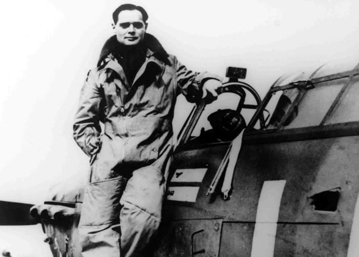 WW2: Douglas Bader stands on the wing of his Hurricane, as Commanding Officer of No.242 Squadron. 1940.