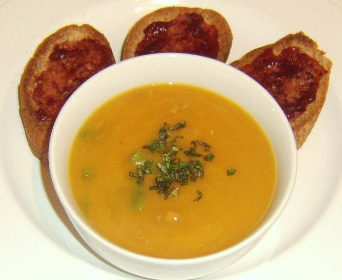 Celery, turkey, sweet potato and green bean soup with cranberry toast is a perfectly themed soup for Thanksgiving