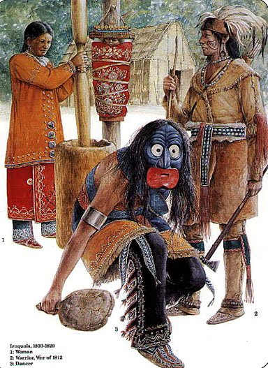 Traditional female dress, infant on a cradle board, male warrior attire in the War of 1812-1814, and member of the False Face Society in ceremonial dress.