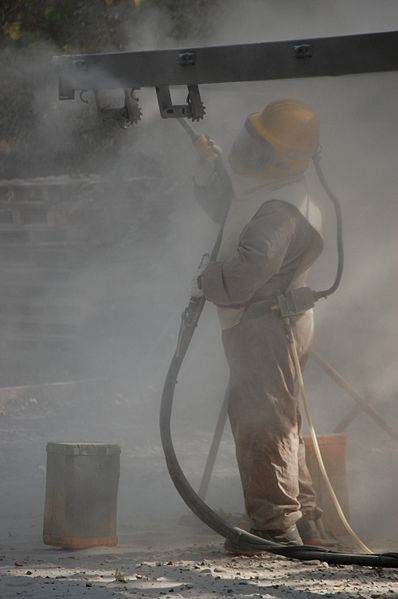 Sandblasting requires the full use of protective clothing to reduce the risk of contracting silicosis.