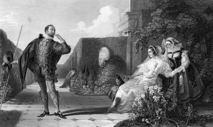 Malvolio courts a bemused Olivia, while Maria covers her amusement, in an engraving by R. Staines after a painting by Daniel Maclise.