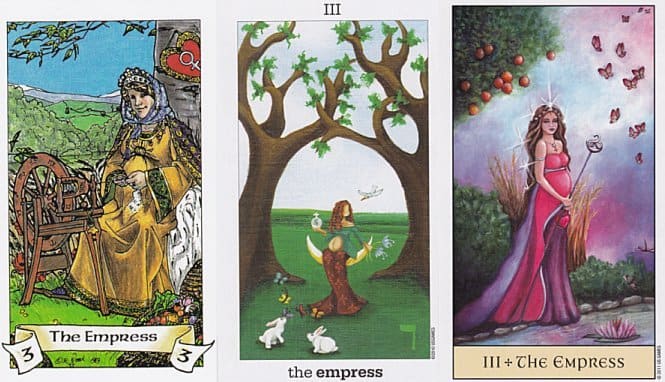 All pictures are Tarot cards of the "Empress." Note that in the third, the woman is pregnant. The third picture is also thought to depict Aphrodite.
