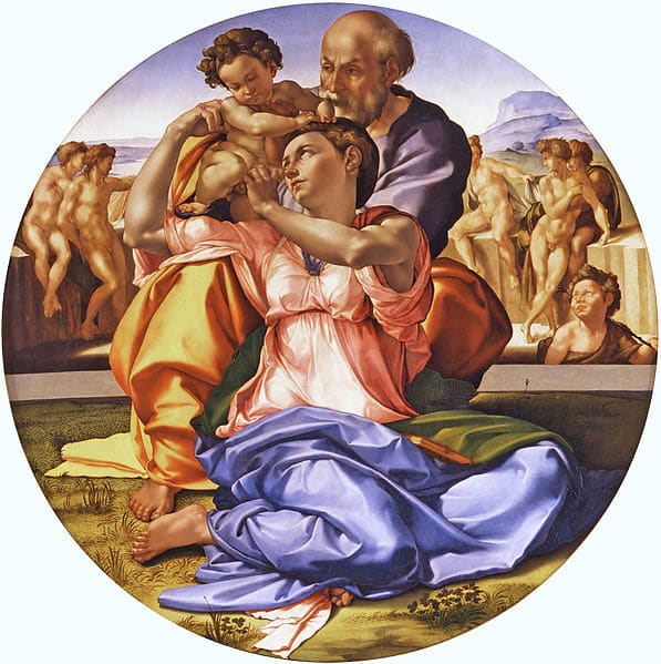 Michelangelo, the Holy Family, known as Doni Tondo (a. 1507), Florence Uffizi - Size: diameter 120 cm (47.24 in), 172 cm (67.72 in) with frame