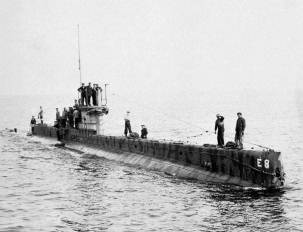 WWI: HMS E-8, commanded by Francis GoodHart, returning from a patrol in the Baltic in the summer of 1916.