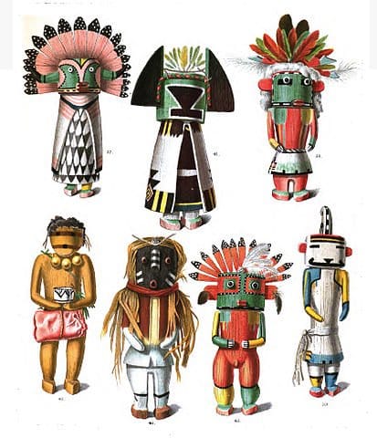 Drawings of kachina dolls, from an 1894 anthropology book, by Jesse Walter Fewkes. The Hopi call them Katsinas. They are the most important part of the sacred ceremonies.