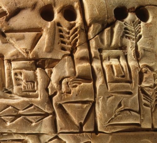 This clay tablet was written in a temple of Mesopotamia in 3100-2900 BC. The script is a kind of proto-cuneiform- an early, pictorial stage in Mesopotamian writing development. This tablet probably describes grain distributed by a temple.