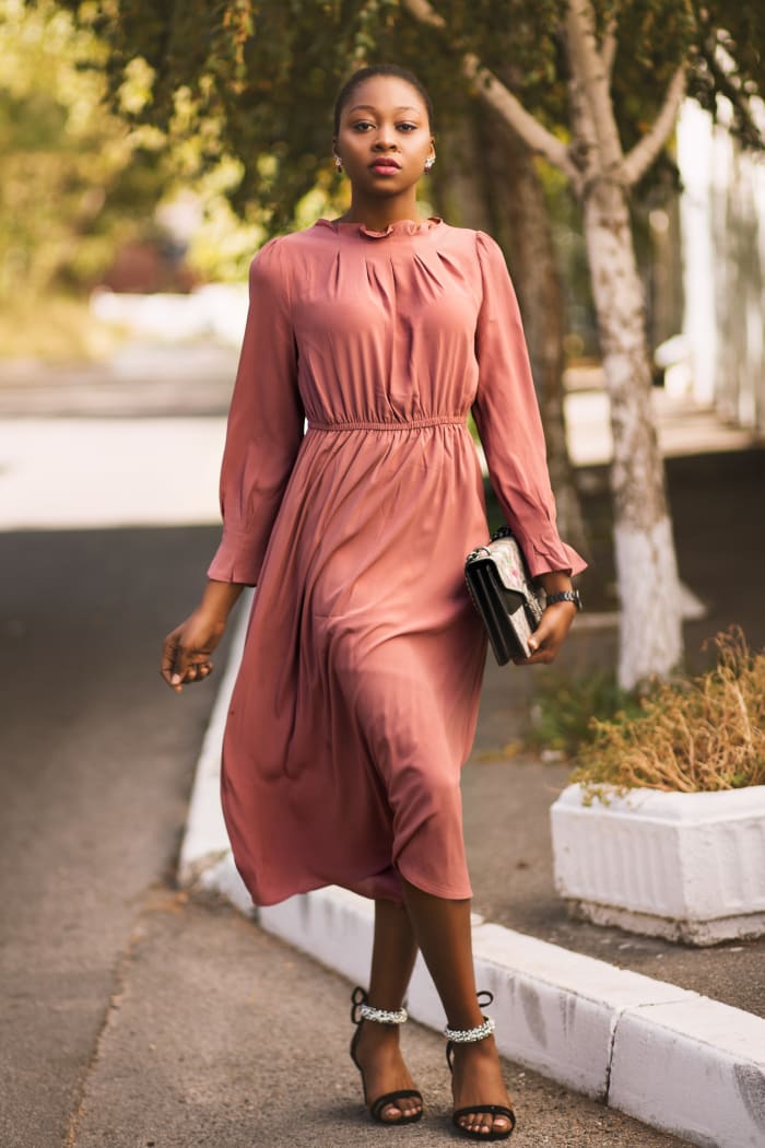 Beautiful dusty-rose dress that would be perfect attire for a wedding guest.
