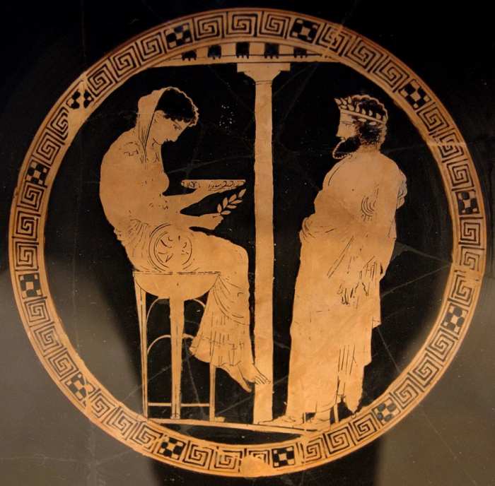 Aegeus consulting the Oracle. A red figure kylix from 440-430 BCE by the Kodros Painter.