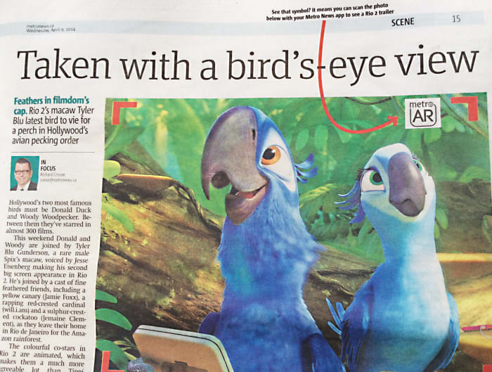 A Metro newspaper photo that loads a movie trailer for Rio 2 when scanned with a mobile device
