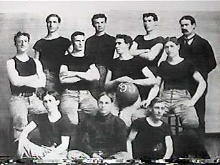 The 1899 University of Kansas men's basketball team. Their coach and inventor of the sport, Dr. James Naismith, is in the top right.