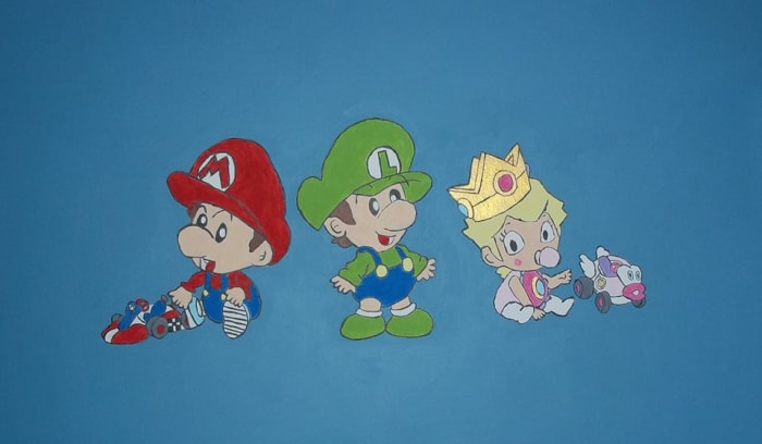 Here is a final image of the Mario characters. Most of the colors are the same used for the Muppet mural. The gold paint for Baby Peach's crown had a shimmer to it.