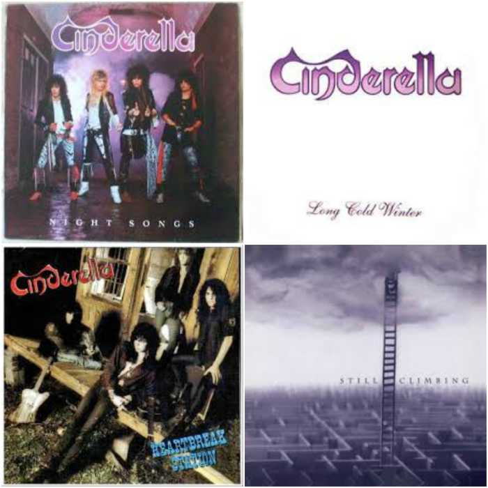 Cinderella's four studio albums: Night Songs (1986), Long Cold Winter (1988), Heartbreak Station (1990), Still Climbing (1994)