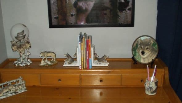 We bought this cool desk at a used furniture store, and added wolf bookends, figurines, and other accessories that we found at various places.