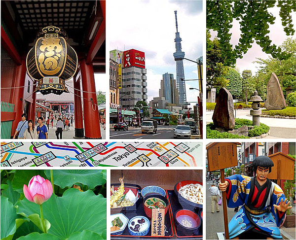 Clockwise from top left: Sensoji Temple, Tokyo Skytree, Ueno Park, samurai in Asakusa, Japanese cuisine, lotus blossom.