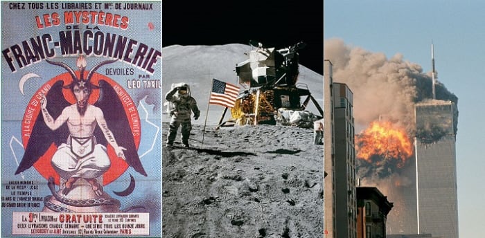 Some popular conspiracy theories, featuring an anti-masonic poster, the moon landings, and the September 11th attacks. Public domain, except: