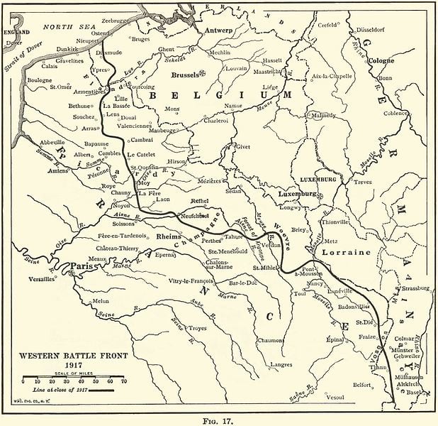 The bolded black line on the map shows where the trenches stretched from The North Sea to the Swiss border.
