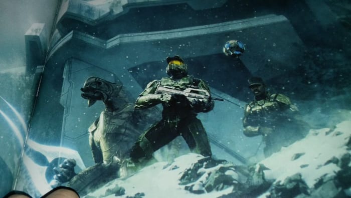 The Master Chief (center) Arbiter (left) Johnson (right) Guilty Spark (top right) in the final mission "Halo".