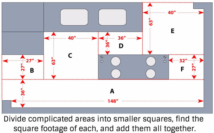 To find the square footage of area A, first convert inches to feet: 146 divided by 12 = 12.33 and 36 divided by 12 = 3, so the square footage of A is 36.99 (width x height in feet).