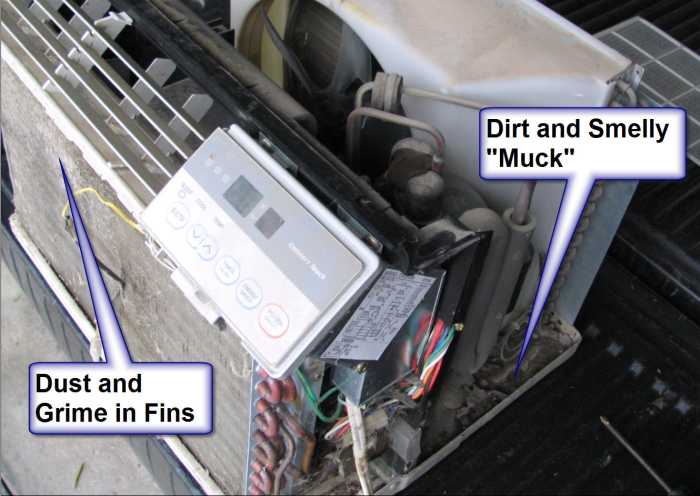Muck and mold can grow in the drip tray, and dust can get caught in the aluminum fins of the AC.