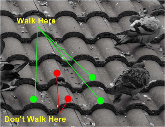Walk on the lower section of a tile where it laps the tile underneath, but not on the edges with a water channel