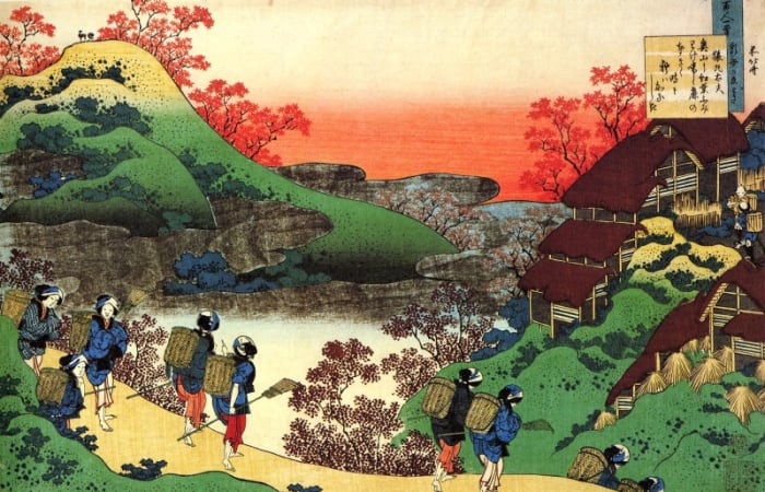 This is a print from Katsushika Hokusai's series 'One hundred poems'. The print is based on a poem by Heian period poet Sarumaru Dayu. Try using your mind's eye and guess what the meaning and true subjects of the print are!