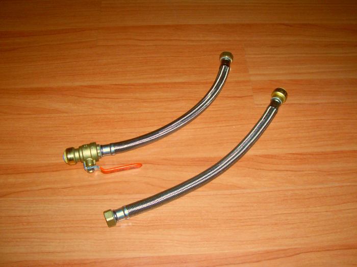 Here are a couple of flexible, braided hose connections. Threaded on one side for the water heater and push fit on the other. Notice one has the valve built in if needed.