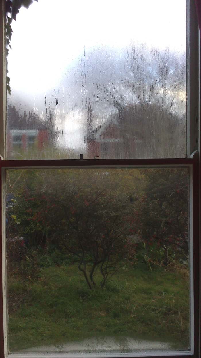 Here you can see the bottom half of the window is covered with window film and the top half is not. You can clearly see how the window film has improved the insulation and reduced condensation.