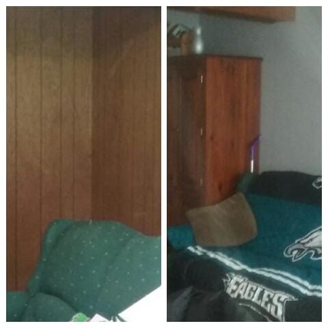 Before and after of downstairs playroom...going from ugly 1970s paneling to a more comfortable space.