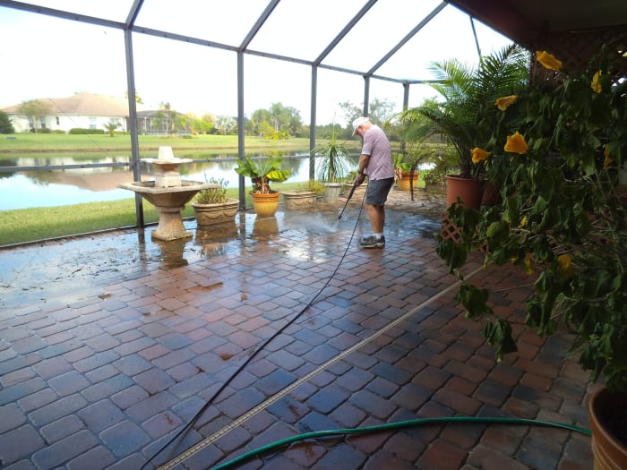 The frequent rains of summer caused mold to grow on the pavers. Pressure washing worked to get it off but was a nuisance on a large patio like ours.