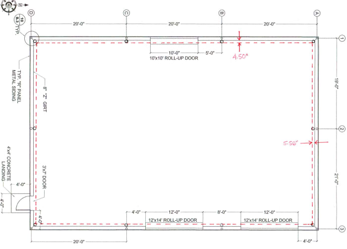 When columns are inset, there is a net loss of the area shown by the dashed red line. In a 40x60, this is 80 square feet, or 3.4% of the building.