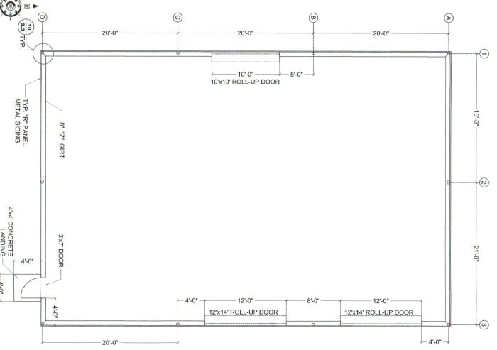 A scaled foundation plan. This shows 8" girts, and columns "in the wall". Most local contractors build this way. This layout provides 2,333 square feet of unrestricted area.