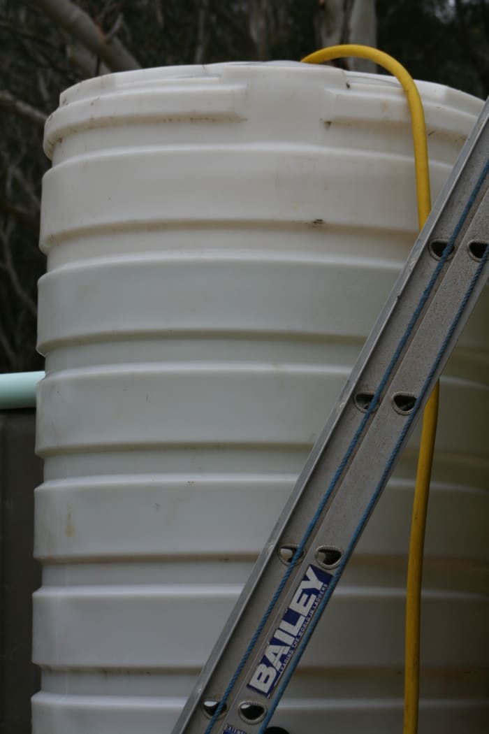 Water transfer pump helps fill a plastic tank we use to gravity-feed into our toilet cistern. Raised high on concrete blocks (above the height of the toilet inside) it needs a ladder to reach the top. Pipe in b/g runs from house roof to main tank.