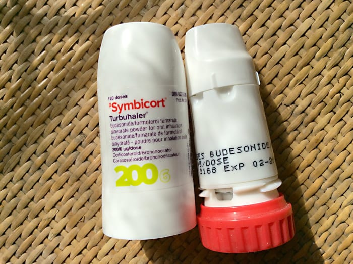An asthma inhaler containing budesonide, a corticosteroid medication that suppresses inflammation in the airways